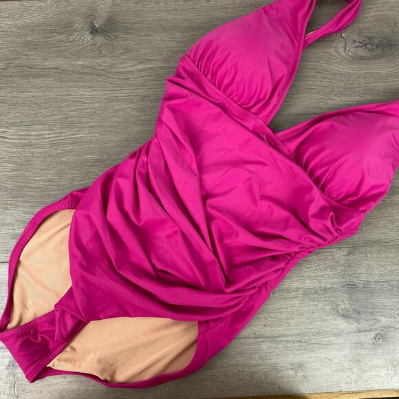 J.Crew Magenta Orchid Ruched V Neck One Piece Swimsuit Sz.12 NWT - Picture 4 of 11